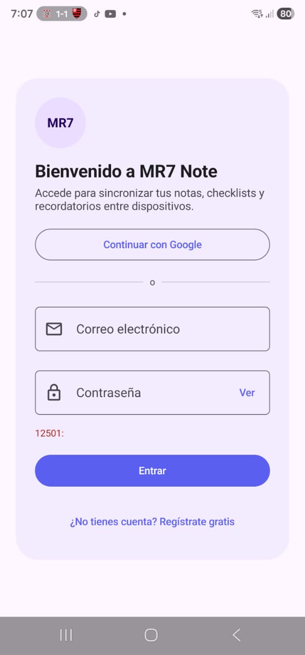 Pantalla de acceso MR7 Note
